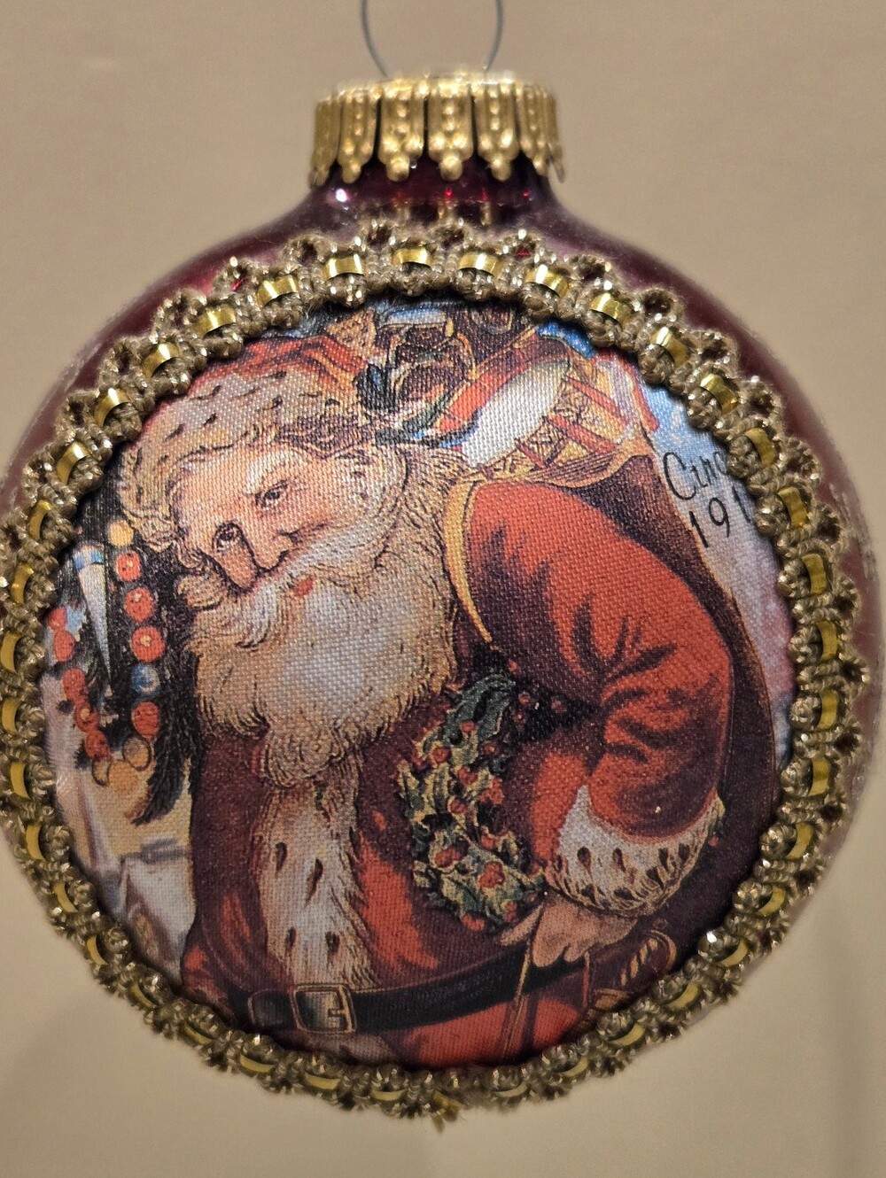 Vintage Christmas By Krebs Santa On Silk In Red And Gold Holiday Ornament